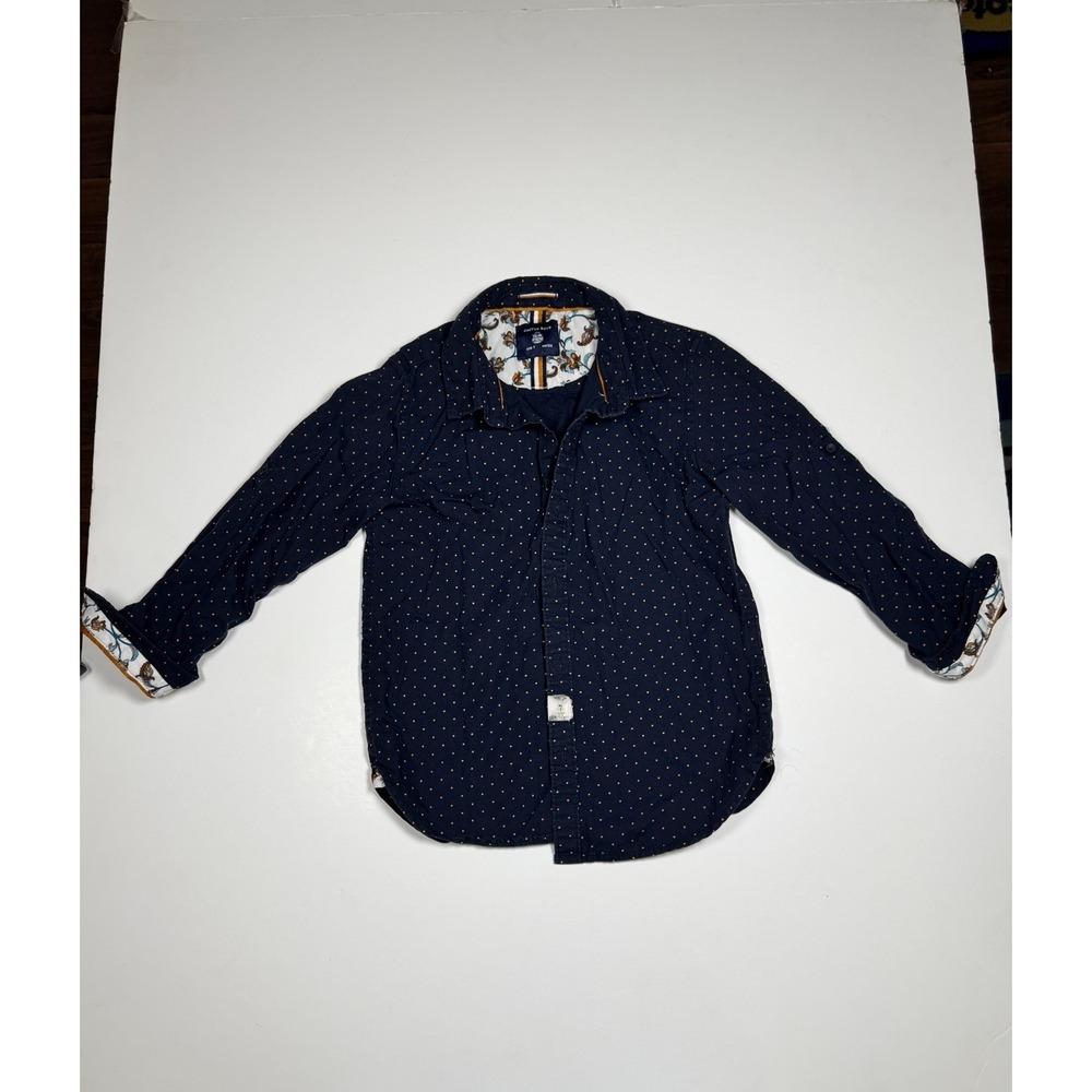 Cactus Shirt Boys 7 Navy Blue Polka Dot Roll Tab Sleeve Spread Collar Button‎ Up